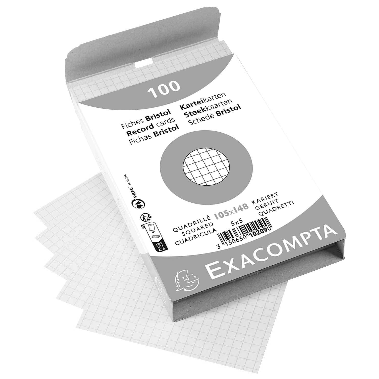 Exacompta - Ref 10209E - Bristol Squared Record Cards (Pack of 100) - A6 in Size, 205gsm Card, Compatible with Printers - Suitable for Exam Revision & Notes - White