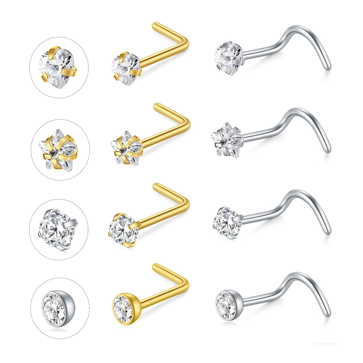 NIUSIMAN Nose Stud Gold Silver 18G L Shaped Nose Stud Screw Heart Cubic Zirconia Corkscrew Surgical Steel Nose Stud 8PCS Small Thin Nose Piercing Stud Ring Jewelry for Women Men Teenage Girls Boys