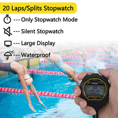 FCXJTU Digital Waterproof Stopwatch, 20Laps Split Memory Stopwatch, No Clock, No Alarm, No Calendar, Simple Silent Large Display Stop Watch for Sports Swimming Training Coaches
