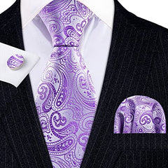 Barry.Wang Man Solid Tie Set Silk Paisley Light Purple Necktie Pocket Square Cuff Links Business