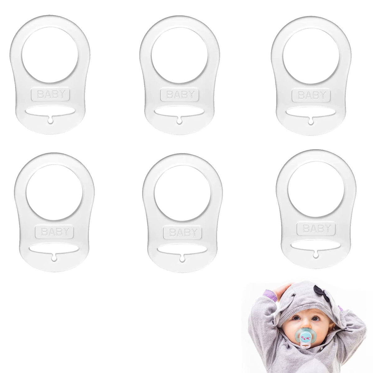 Silicone Baby Dummy Adapter, 6 Pcs Silicone Dummy Clips, Baby Pacifier Ring Holder Clip Adapter for Button-Style Pacifier (White)