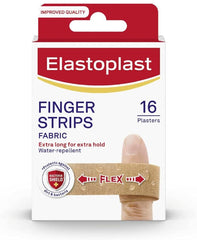 Elastoplast Extra Flexible Finger Strip Plasters (16 Plasters), Flexible and Durable Everyday Plasters for Fingers, Stretchy Fabric Plasters, Waterproof Plaster, Extra-long Plaster for Better Hold, Tan