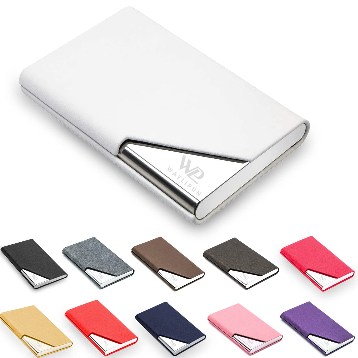 Waylipun Business Card Holder, Professional PU Leather & Stainless Steel Business Name Card Case, Keep Business Cards in Immaculate Condition, Slim Metal Pocket Card Holder with Magnetic Shut(White)