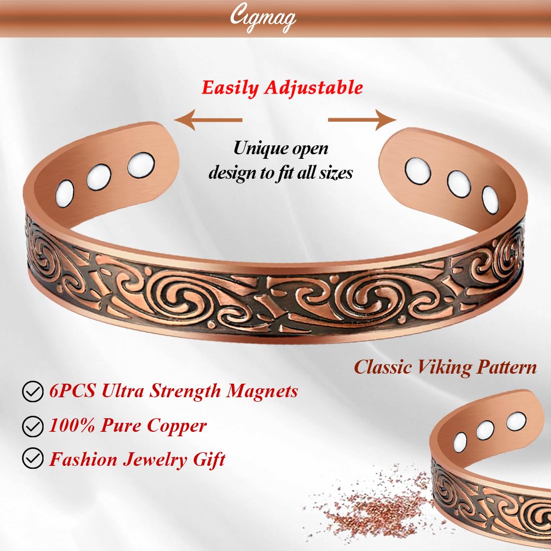 Cigmag 9X Mens Copper Bracelet Ultra Strength Magnet 99% Solid Pure Copper Magnetic Bracelets for Men Adjustable Cuff Bangle Brazaletes with Gift Box for Father's Day (Classic Viking)