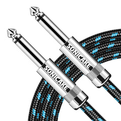 SONICAKE Braided Guitar Cable 3m/10ft Guitar Instrument Cable 6.35mm 1/4 inches Straight Angle to Straight Black Blue