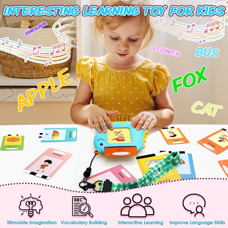 Talking Flash Cards for Toddlers with Lanyard [Upgraded], Early Educational Toys for 3 4 5 6 Year Old Boys Girls Preschool Learning Machine with 224 Words Dinosaur Toys Birthday Easter Gift for Kids