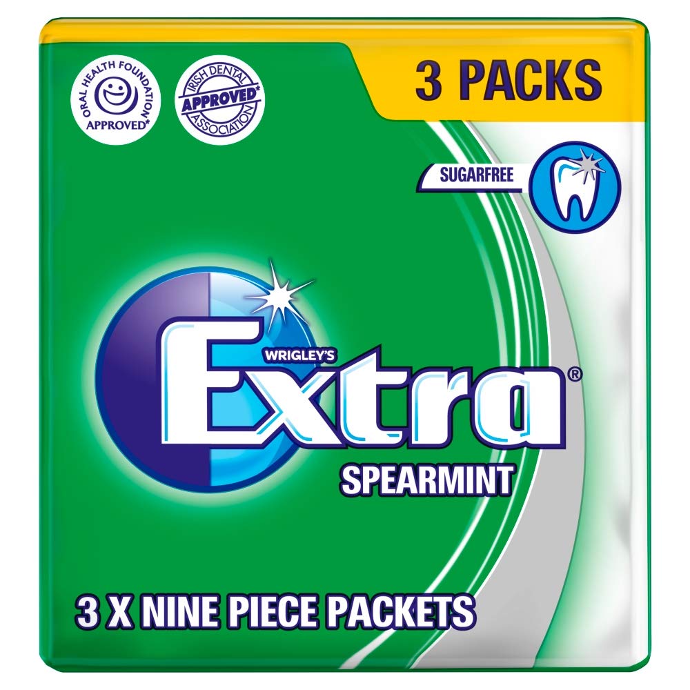 Extra Chewing Gum, Sugar Free, Spearmint Flavour, Pack of 3 x 9 Pieces (Packing May Vary)