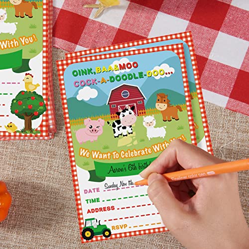 WERNNSAI Farm Party Invitations with Envelopes - 20 Count Farm Animals with Barnyard Tractor Invite Cards for Kids Boys Birthday Baby Shower Farm Themed Party Supplies