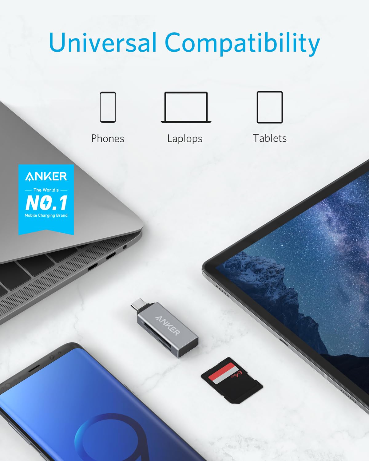 Anker 2-in-1 USB-C Memory Card Reader for SDXC, SDHC, SD, MMC, RS-MMC, Micro SDXC, Micro SD, Micro SDHC and UHS-I Cards, for MacBook Pro 2019/2018/2017 and More