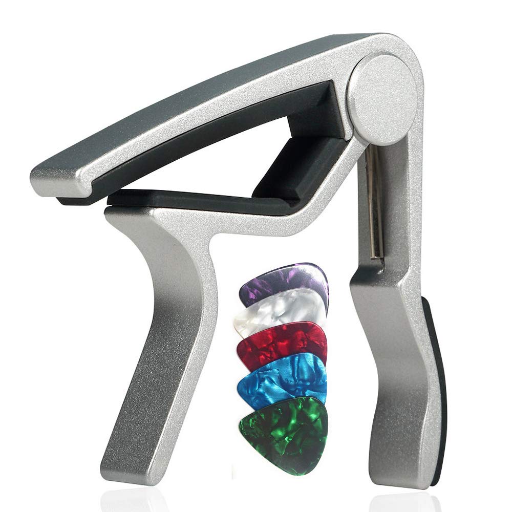 WINGO Guitar Capo for 6-String Acoustic Electric Steel Guitars,Ukulele with 5 Picks-Silver