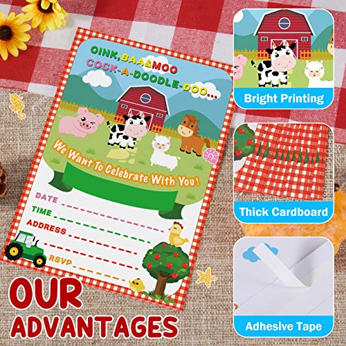 WERNNSAI Farm Party Invitations with Envelopes - 20 Count Farm Animals with Barnyard Tractor Invite Cards for Kids Boys Birthday Baby Shower Farm Themed Party Supplies