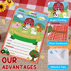 WERNNSAI Farm Party Invitations with Envelopes - 20 Count Farm Animals with Barnyard Tractor Invite Cards for Kids Boys Birthday Baby Shower Farm Themed Party Supplies