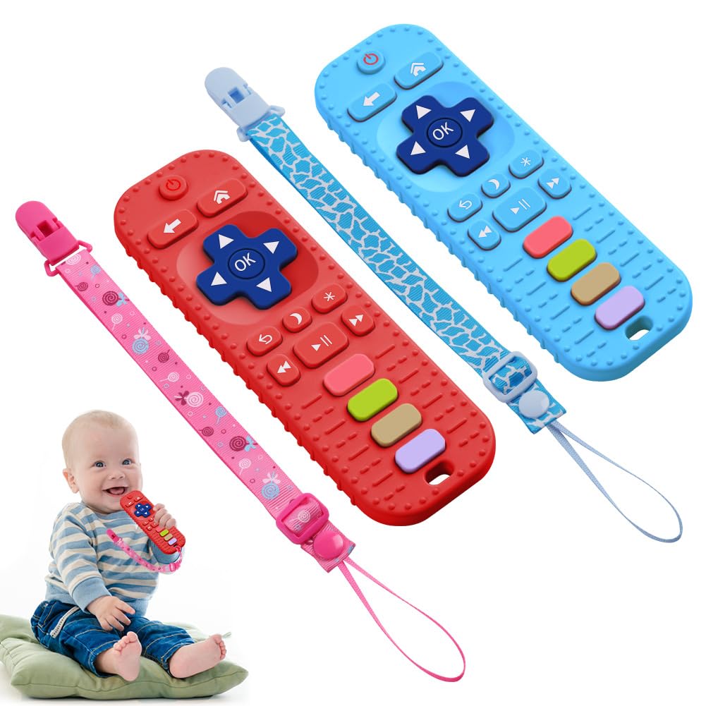 Aolso Baby Teething Toys, 2PCS Silicone Teething Toys, Baby Remote Control Teething Toy for 0-6 Months, Baby Teether Toy with 2PCS Pacifier Clip for Infant Toddlers (Red/Blue)