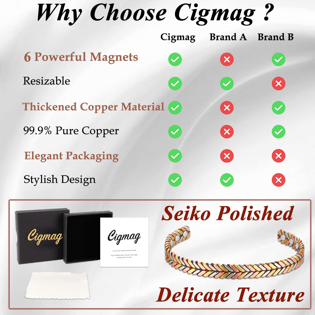 Cigmag Copper Magnetic Bracelet for Women 99% Solid Pure Copper Ultra Strength Magnet Adjustable Brazaletes Cuff Bangle with Gift Box (Tricolor Feather)