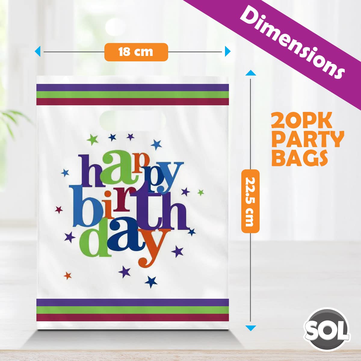 SOL 20 Happy Birthday Party Bags   Plastic Party Bags for Kids Party Bags   Sweet Bags Cellophane Bags Kids Party Treat Bags, Goody Bags & Loot Bags, Gift Bags Birthday Girl Party Bags Kids Party Bag