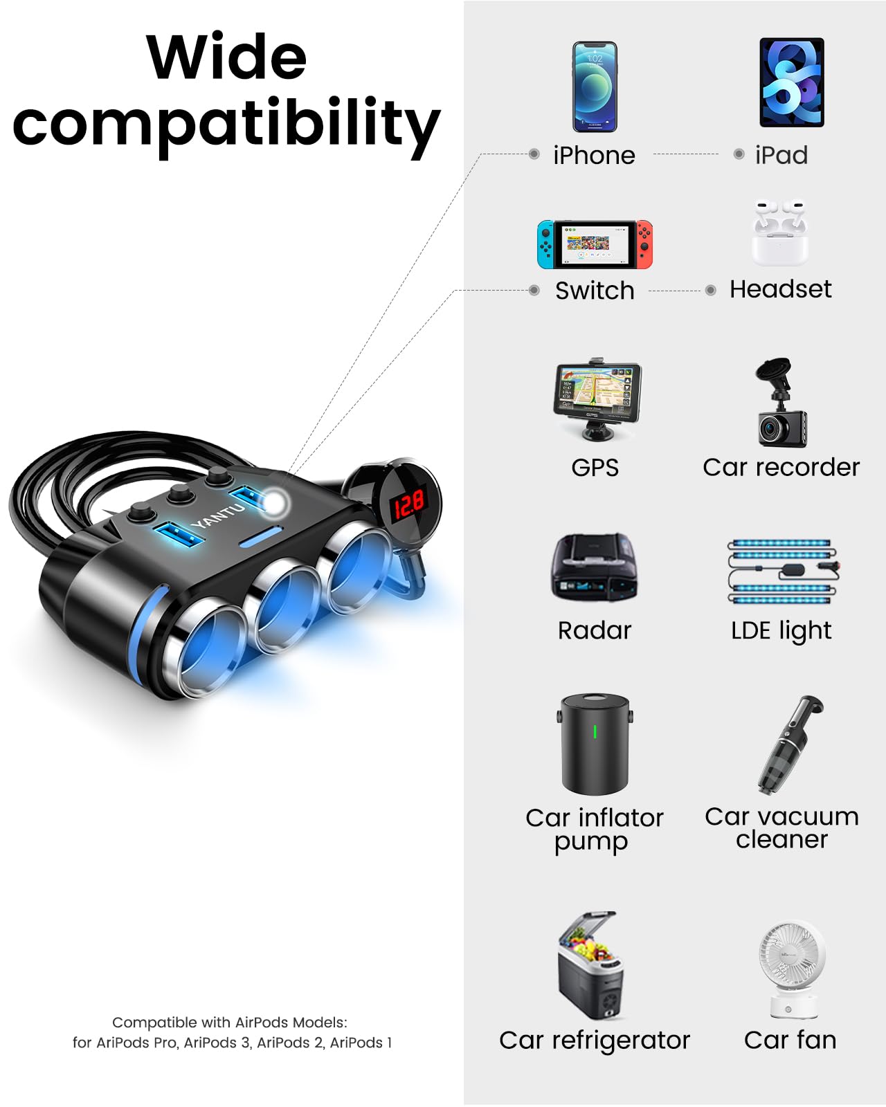 YANTU Cigarette Lighter Adapter 150W Cigarette Lighter Usb Charger with 12V USB Socket, Car Cigarette Lighter Multi Socket with Double/Dual Plug/Port & Extension Lead Fast Charge for all Car Devices