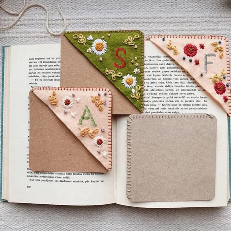 Litthing Hand Embroidered Corner Bookmark, 26 Letters Personalised Bookmarks Women Seasons Book Marks Felt Triangle Bookmark Gifts for Book Lovers Men Kids