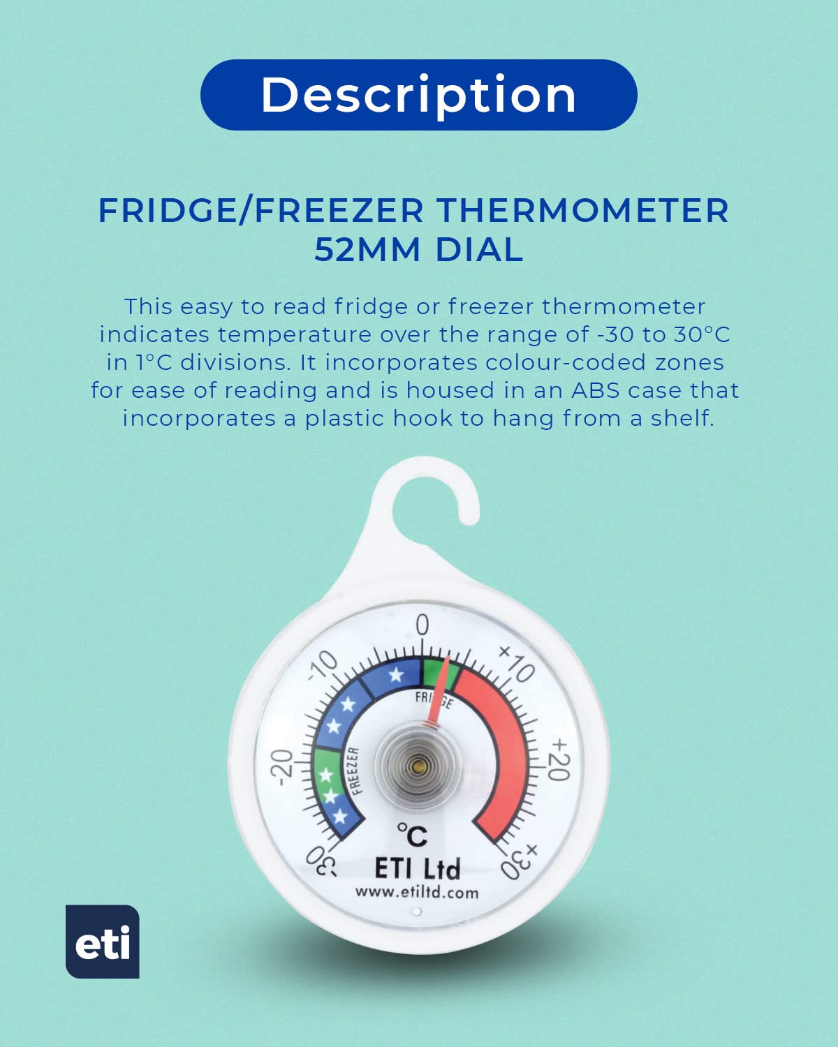 Fridge Or Freezer Thermometer 52 mm Dial, Colour Coded Zones. Ideal For Home, Restaurants, Bars, Cafes