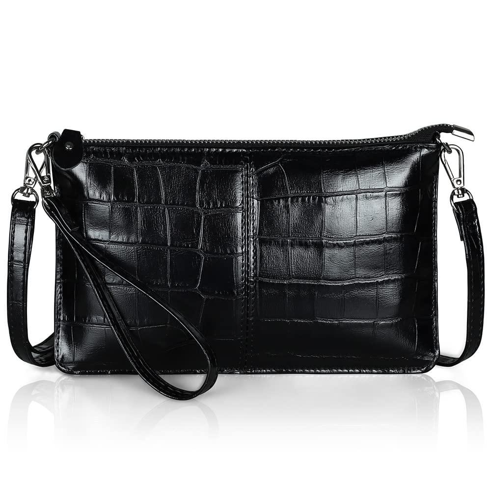 befen Small Crossbody Bags for Women, Genuine Leather Cross Body Cell Phone Purse Black Wristlet Wallet Ladies Handbags & Shoulder Bags, Leather Clutch Bag with Wrist Strap