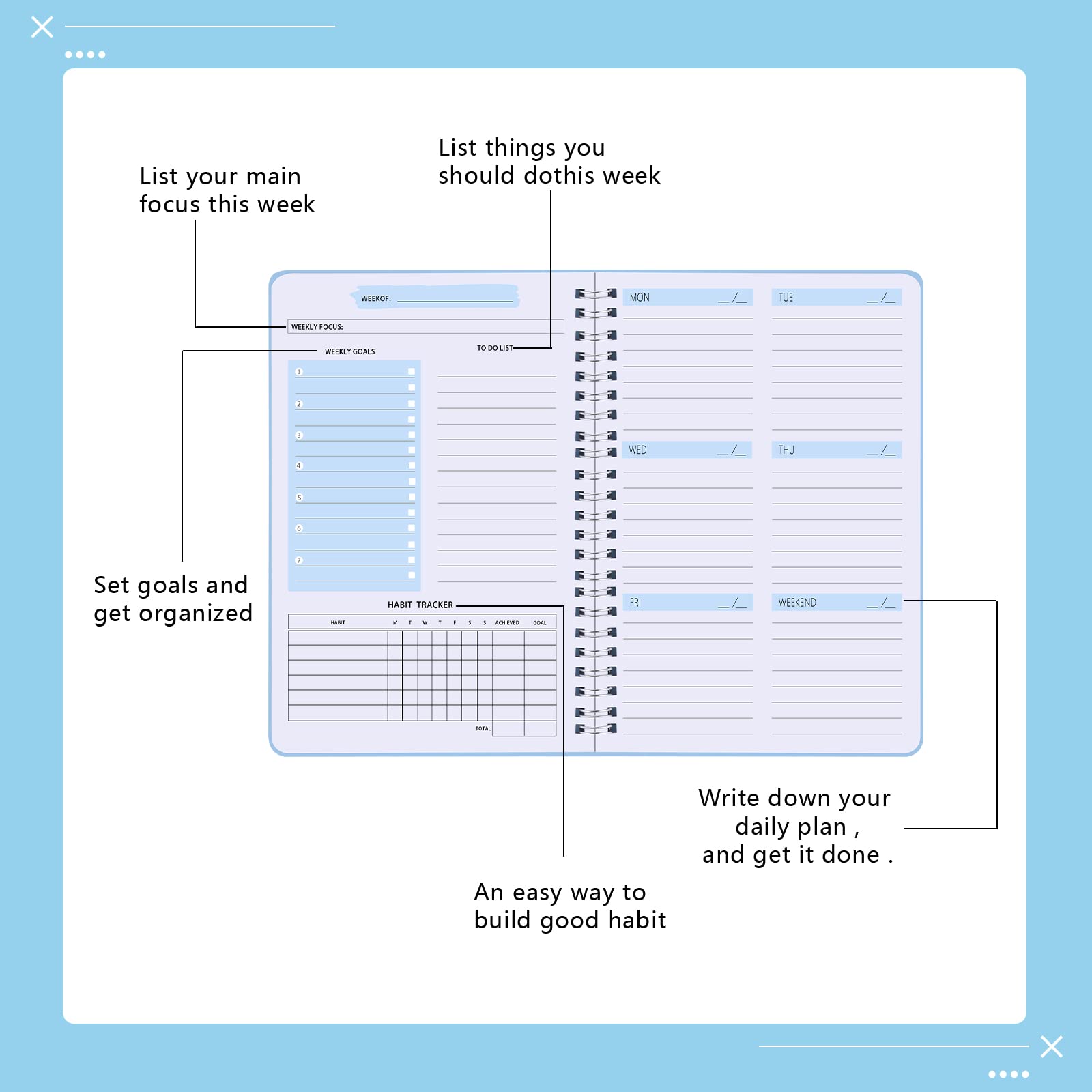 Weekly Planner Notebook, A5 Spiral To Do List Notebook 52 Weekly Goals Planner with Habit Tracker Daily Planner for 2023 Students, Work, Productivity（Blue）