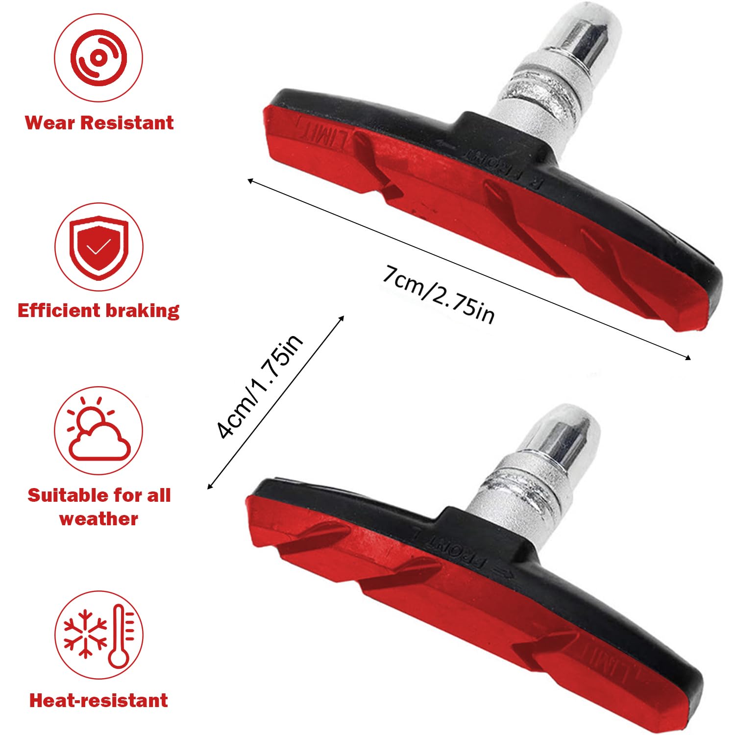 TUHDWJ 2 Pairs V Bike Brake Pads, 70mm V Brake Blocks, Bicycle Brake Blocks Set with Hex Nuts and Spacer, 1 hexagonal spanner included, for Road Bikes Mountain Bikes (Red)