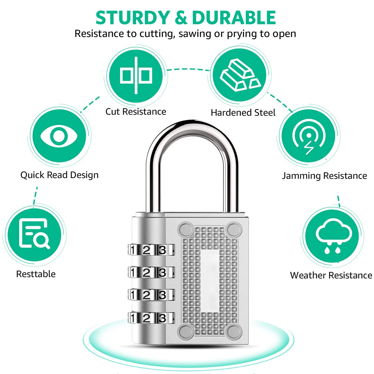 BeskooHome 2 Pack Combination Padlocks, Resettable 4-Digit Gym Locker Padlocks, Weatherproof Small Padlock for Outdoor Gate, Shed Door, Fence, Garage, Hasp Cabinet (Silver)