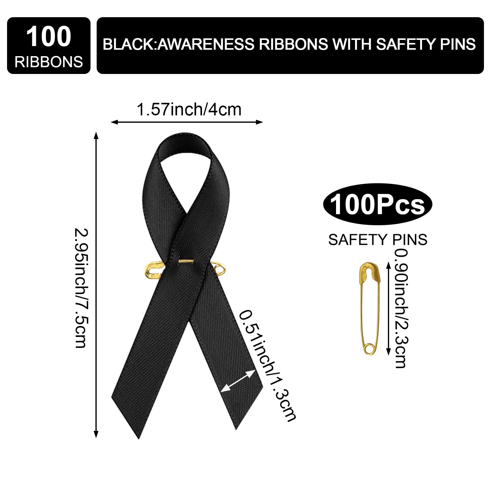 WANDIC Black Ribbon Satin Pins, 100 Pcs Black Brooches with Safety Pins, Classic Melanoma Awareness Pins Premium Ribbon Brooch Badges for Mourning Remembrance Day Gifts