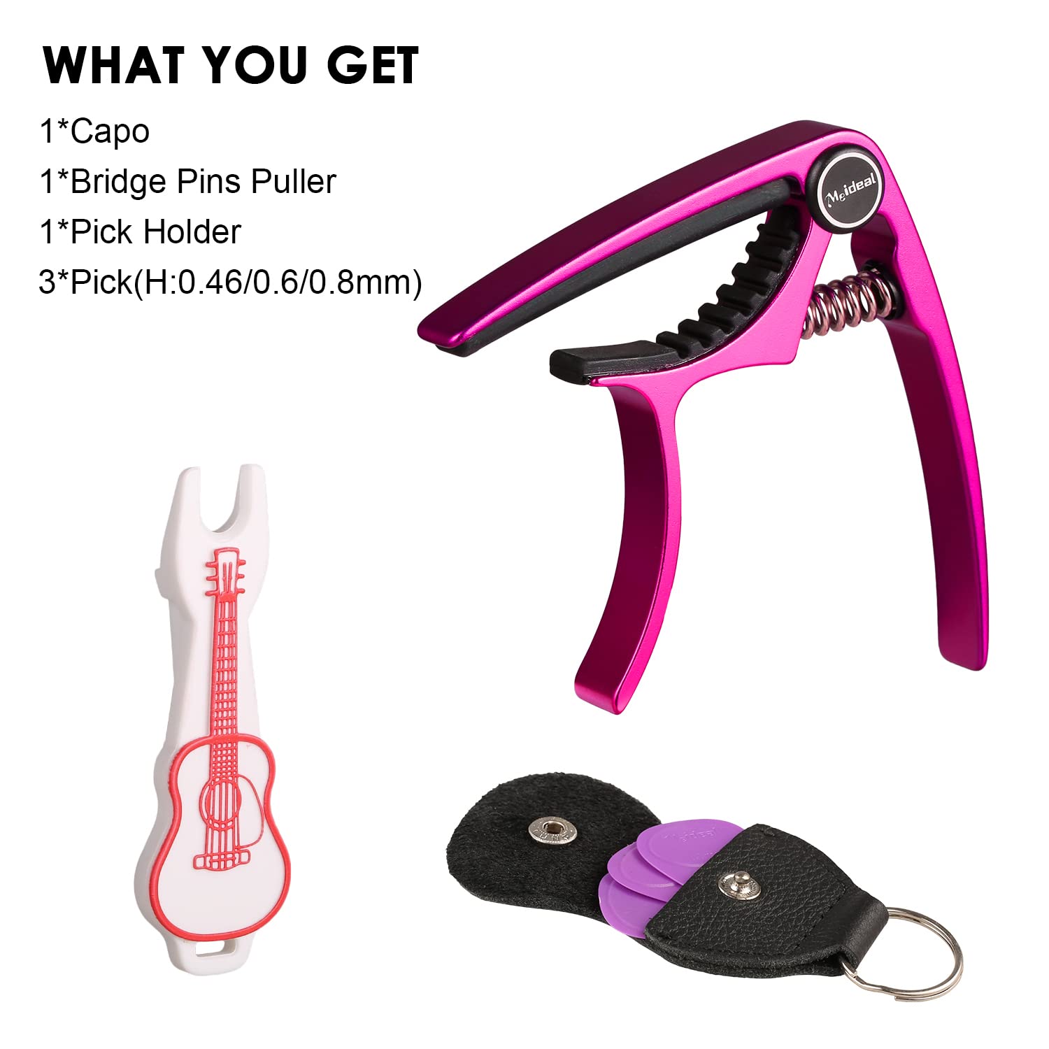 Guitar Capo, Meeland Purple Aluminium Guitar Capo Key Clamp for Acoustic Guitar/electric guitar/Ukulele/Bass With Guitar Picks and Leather Picks Holder and Bridge Pins Puller Included (Pink)