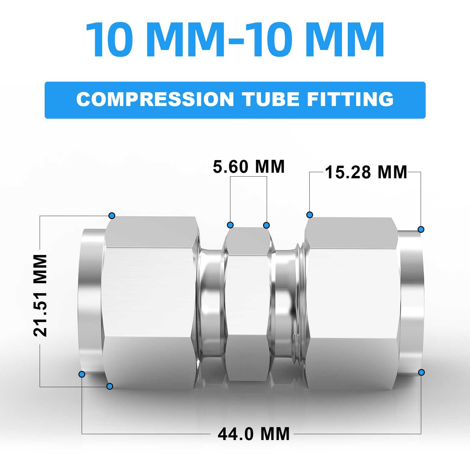 ERGAOBOY 2 Pcs 10mm OD x 10mm OD 304 Stainless Steel Compression Tube Union Connector, Heay Duty SUS 304 Compression Fitting