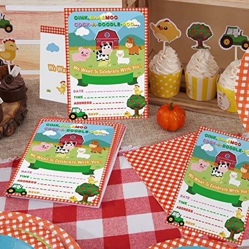 WERNNSAI Farm Party Invitations with Envelopes - 20 Count Farm Animals with Barnyard Tractor Invite Cards for Kids Boys Birthday Baby Shower Farm Themed Party Supplies