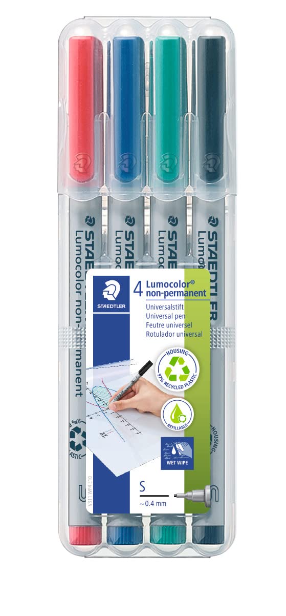 STAEDTLER 311 WP4 Lumocolor Non-Permanent Pen, Superfine Line Width, 0.4mm - Assorted Colours (Pack of 4)