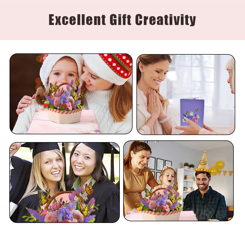 CIKYZE Flower Basket Pop Up Card 3D Pop Up Greeting Card Handmade Flower Greeting Cards Butterfly Pop-up Greeting Card Thank You Card with Note Card and Envelope for Women Sister Wife Grandma Teacher