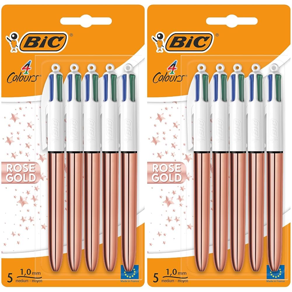 Bic 4 Colours Rose Gold Pen, Multi Coloured Pens All In One, Retractable Ballpoint Pen, Medium 1.0mm, Green, Blue, Red, Black, 5 Pens Per Pack, 2 Pack