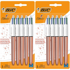 Bic 4 Colours Rose Gold Pen, Multi Coloured Pens All In One, Retractable Ballpoint Pen, Medium 1.0mm, Green, Blue, Red, Black, 5 Pens Per Pack, 2 Pack