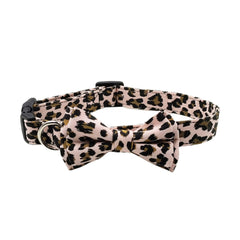 Olahibi Dog Bowtie Collar and Leash Set, Leopard Pattern, Cotton Fabric Material, 150CM Leash, for Small Dogs.(S, Pink Leopard)