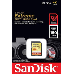 SanDisk Extreme SDXC Memory Card, Up to 150 MB/s, Class 10, U3, V30, 128 GB (Pack of 1)