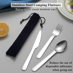 Evanda Portable Cutlery Set, Include Knife Fork Spoon, Stainless Steel Camping Flatware with Black Bag, for Outdoor, Picnic, Camping, Travel, Dishwasher Safe