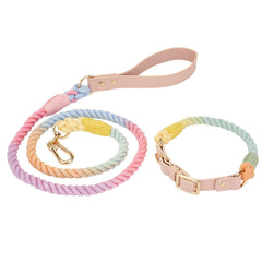 YUDOTE Cotton Rope Dog Collar and Lead Matching Set Colorful Hand-dyed Ombré Leash for Medium Dogs Daily Use,Macaroon Colors