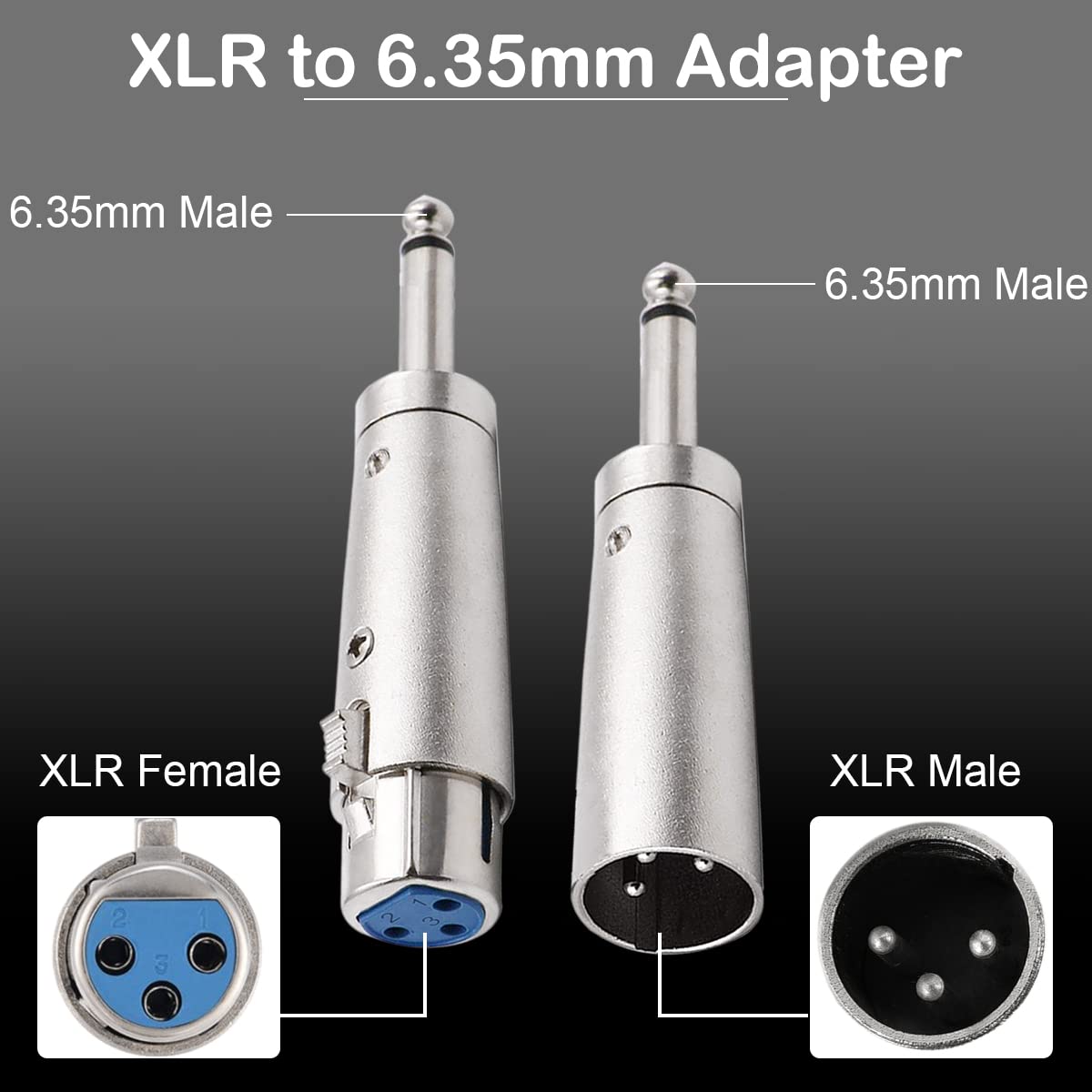 Xiatiaosann XLR 3 Pin Female Male to 1/4 inches 6.35mm Male Audio Mono Adapter TS Socket Jack for Microphone Mixer, XLR Connector Plug Converter, Metal Adapter, 6 PCS