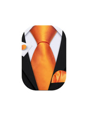 Barry.Wang Orange Tie Set with Handkerchief Cufflinks Silk Party Necktie