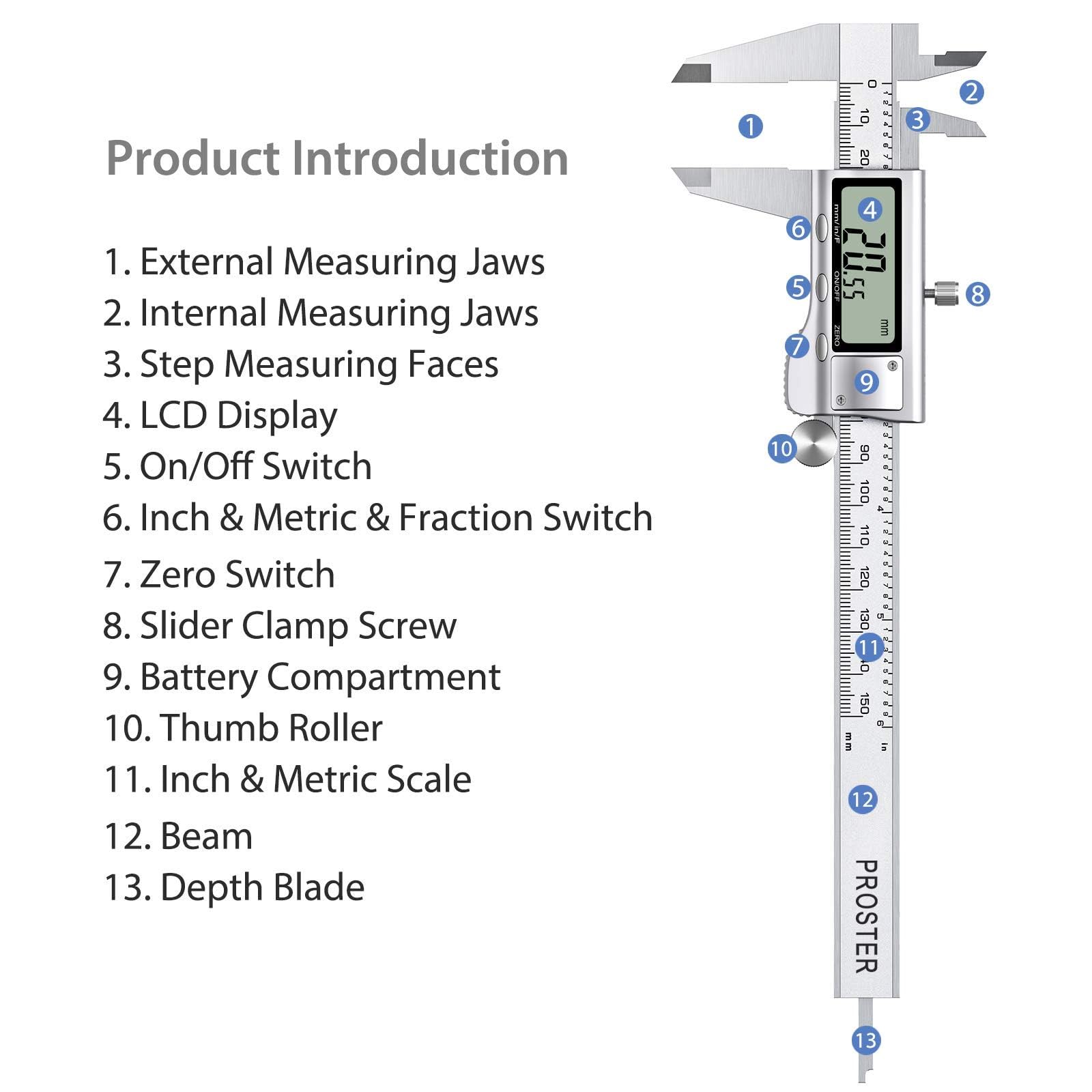 Proster Vernier Caliper Kit 150mm/6Inch Digital Vernier Caliper with Feeler Gauge Fractions/Inch/Metric Measuring Tool for Length Width Depth Diameter