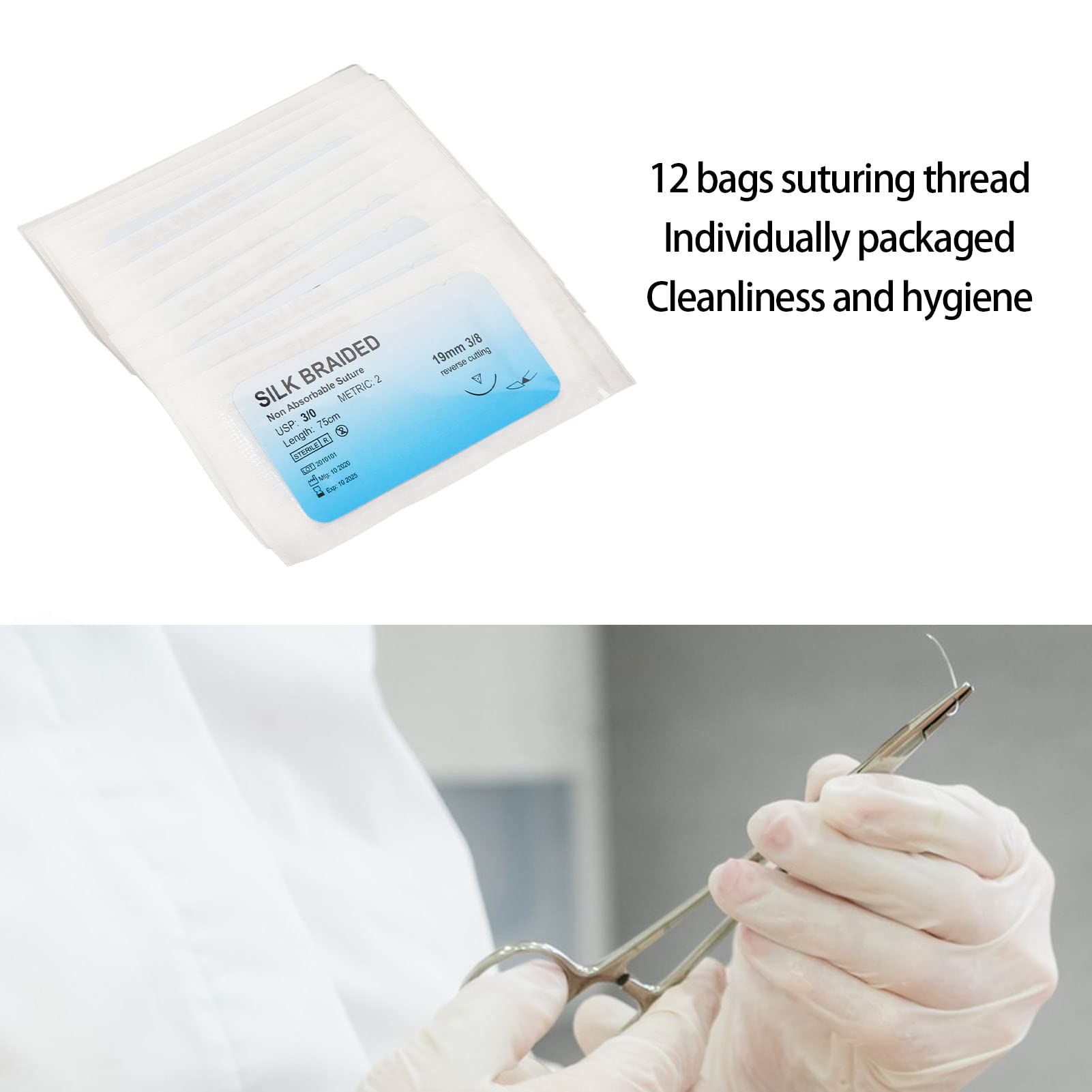 12pcs Silk Suture Thread, Silk Thread Suturing Kit with Curved Needle Wound Suture Practice Thread for Clinic Field Emergency Trauma Practice Suture Kit for Veterinary Hospital Clinic