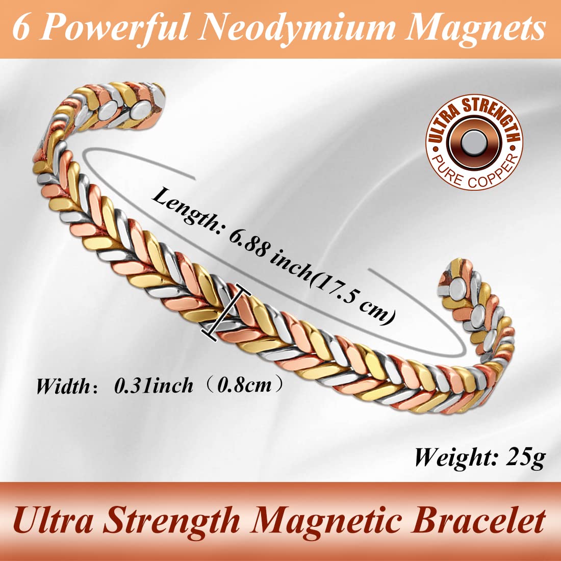 Cigmag Copper Magnetic Bracelet for Women 99% Solid Pure Copper Ultra Strength Magnet Adjustable Brazaletes Cuff Bangle with Gift Box (Tricolor Feather)