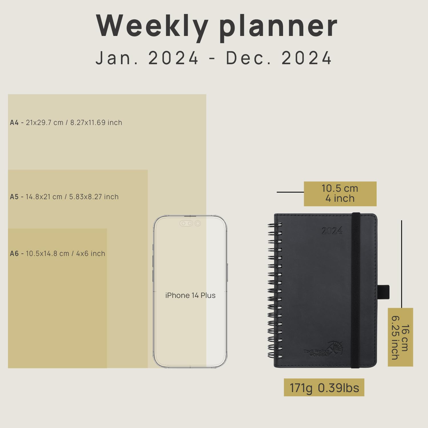 POPRUN 2024 Diary Week to View Large 26.5 x 21.5 cm Spiral Bound Soft Cover, Vertical 24 Weekly Planner Work Appointment, Monthly Tabs, 100GSM FSC® Paper - Black