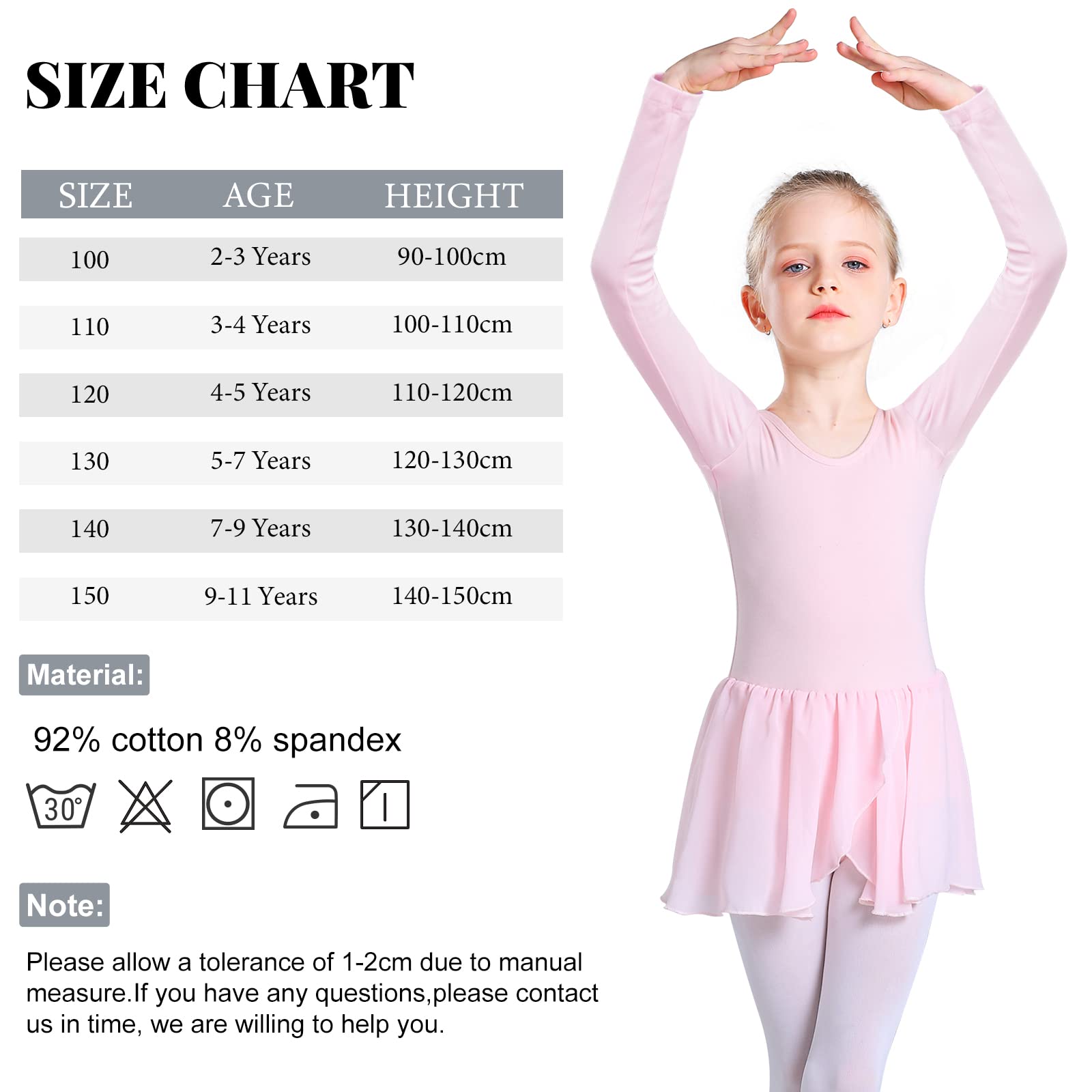 Ballet Leotard for Girls Long Sleeve Cross Straps Ballet Dress Kids Cotton Ballet Outfit Gymnastics Leotard with Chiffon Skirt Suit for 2-11 Years (Pink (Long Sleeve), 140 (130-140cm,7-9 Years))