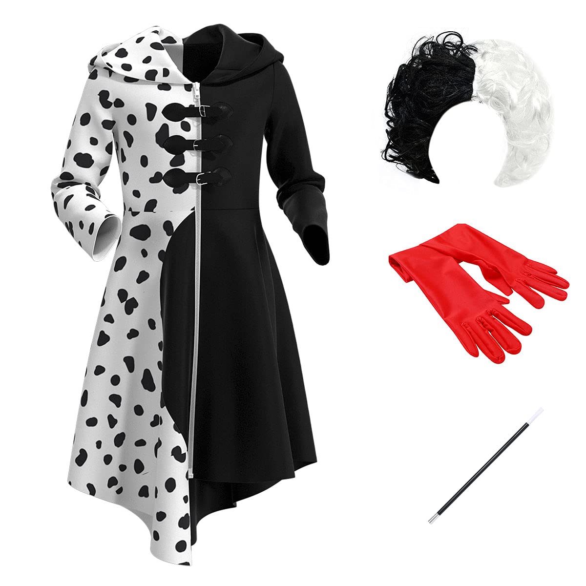 IDOPIP Cruella Deville Costume for Girls 101 Dalmatian Dog Halloween Cosplay Black White Spotted Coat Wig Cigarette Holder Movie Character Evil Fancy Dress up Carnival Party Outfits Coat 4-5 Years