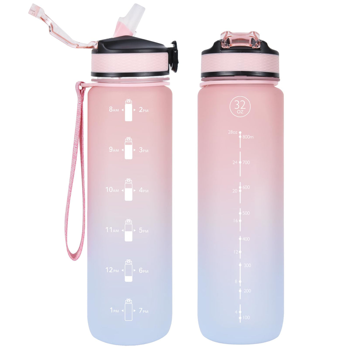 NAVTUE 1L Water Bottle with Straw, Sports Drinks Bottle with Time Markings, Leak Proof, Tritan BPA free for School/Cycling/Running (PinkBlue)