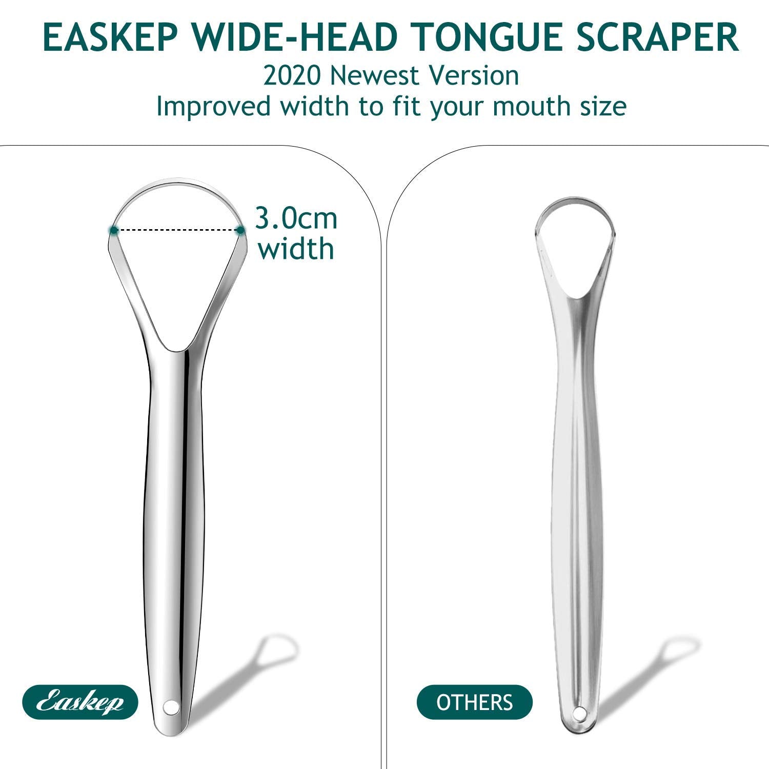 Tongue Scraper (2 Pack), Wide-head Tongue Cleaner with Nice Carrying Box, Easkep 100% Stainless Steel Tongue Scrapers Cleaners, for Men, Women, Adults, Kids, silver