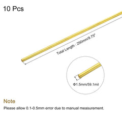 sourcing map Brass Rod,Brass Solid Round Rod 1.5mm/0.06inch Diameter 250mm Length Lathe Bar Stock for RC Model DIY Craft Pack of 10