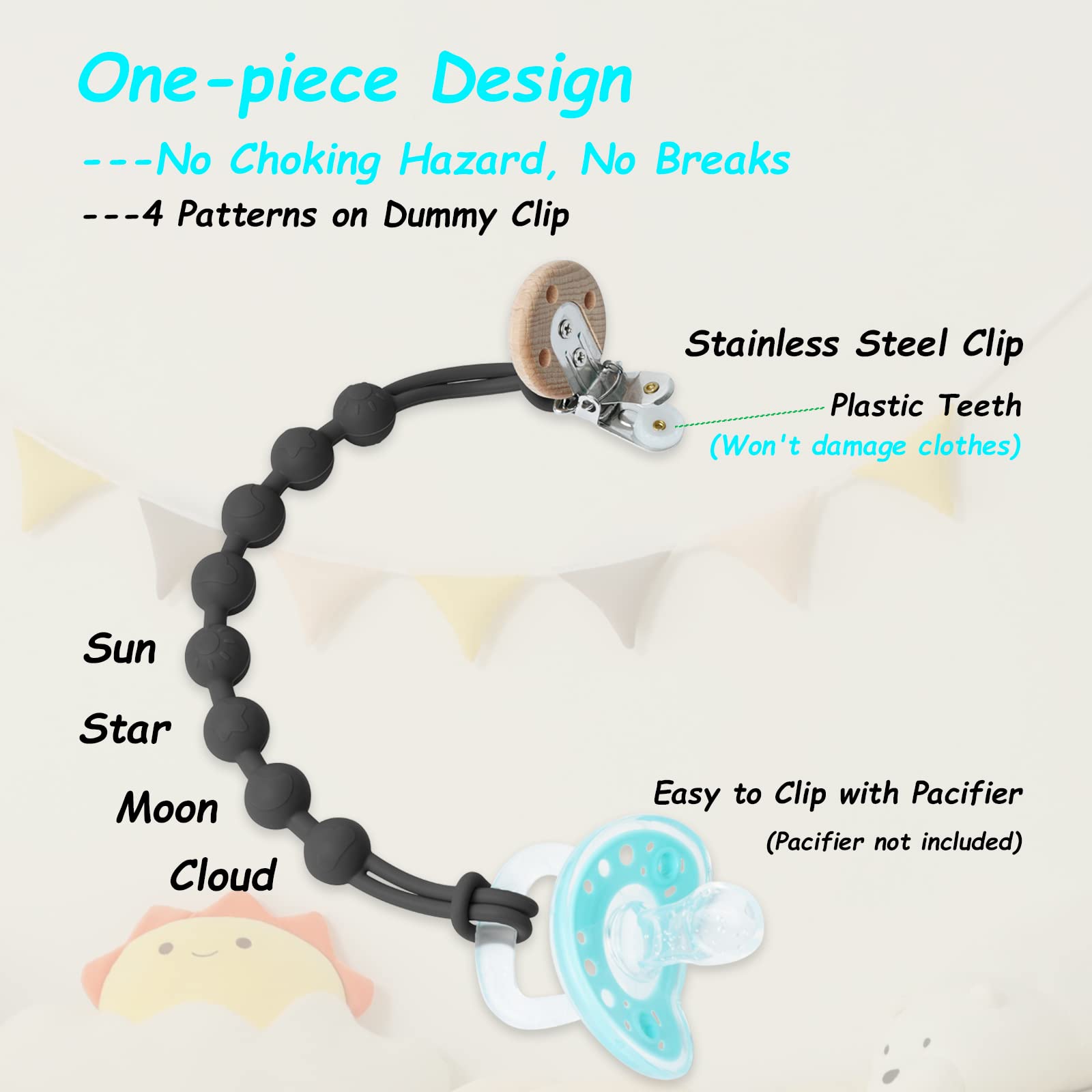 Silicone Dummy Clip for Baby Boys and Girls, Seposeve 2 Pack Pacifier Clips, Dummy Case, Keeps Pacifier Clean, Soft Flexible Soother Chains Clips, Pacifier Holder, One-Piece Design, 2 Ink Black